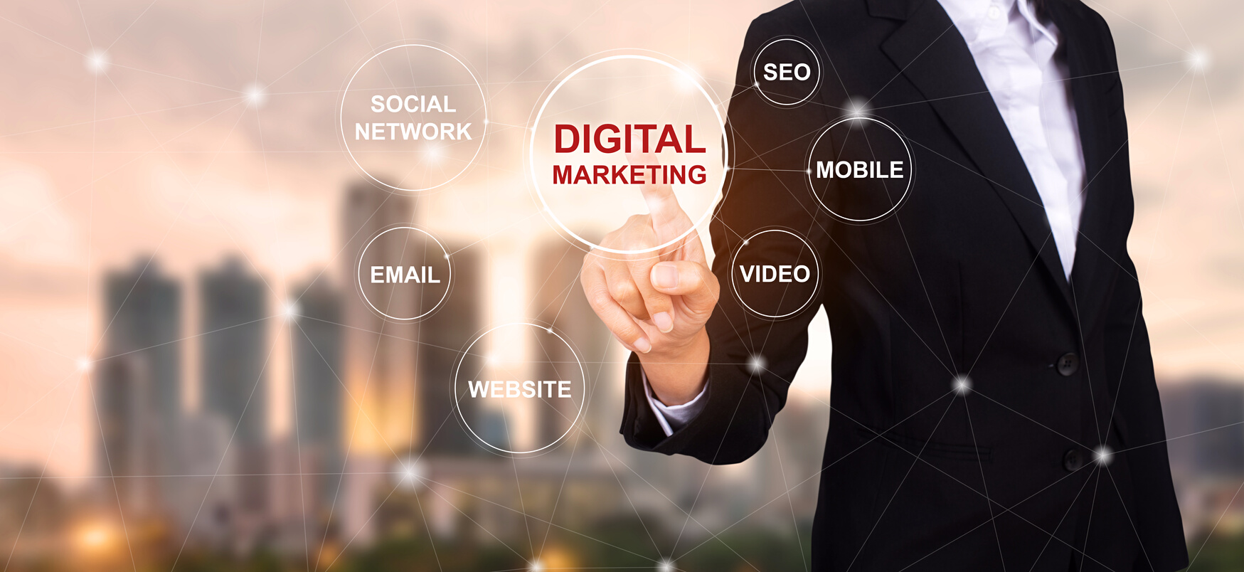 Concept of digital marketing media, Businessman selecting Digital marketing.